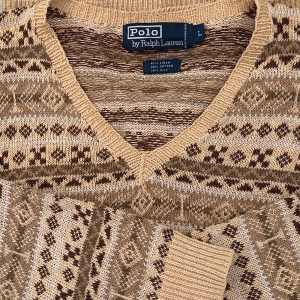Polo Ralph Lauren V-Neck Sweater Mens L Tan Fair Isle Linen Silk 1998 Vintage